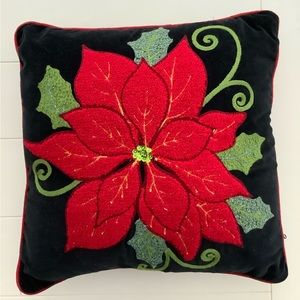 Beautiful Red Embellished Poinsettia Black Velvet Pillow with Zipper